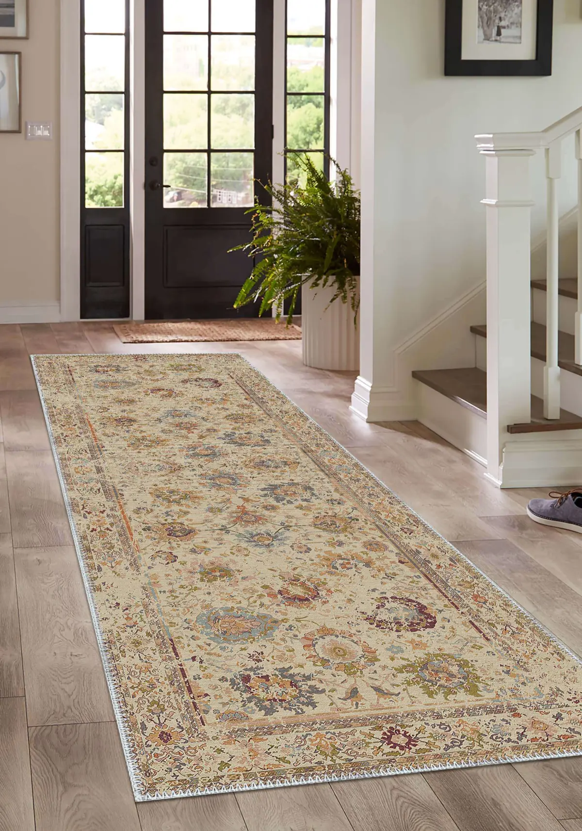 Guinar Çerçeveli Bej Polyester ve Pamuklu Yıkanabilir Kaydırmaz Taban Dijital Baskı Halı - Görsel 4