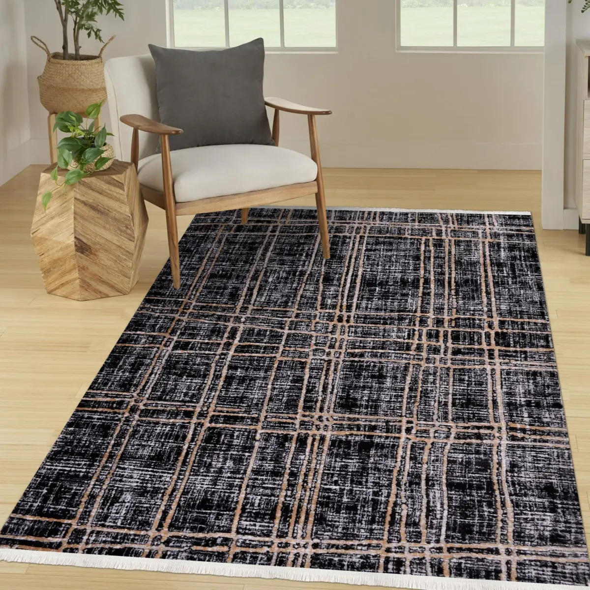 Görlitz Modern Siyah Mikropolyester Pamuk Tabanlı Makine Halısı - Görsel 6