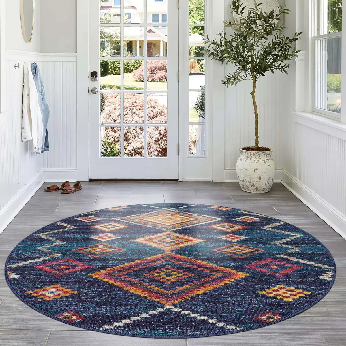 Cenova Geometrik Lacivert Polyester ve Pamuklu Yıkanabilir Kaydırmaz Taban Dijital Baskı Halı - Görsel 8