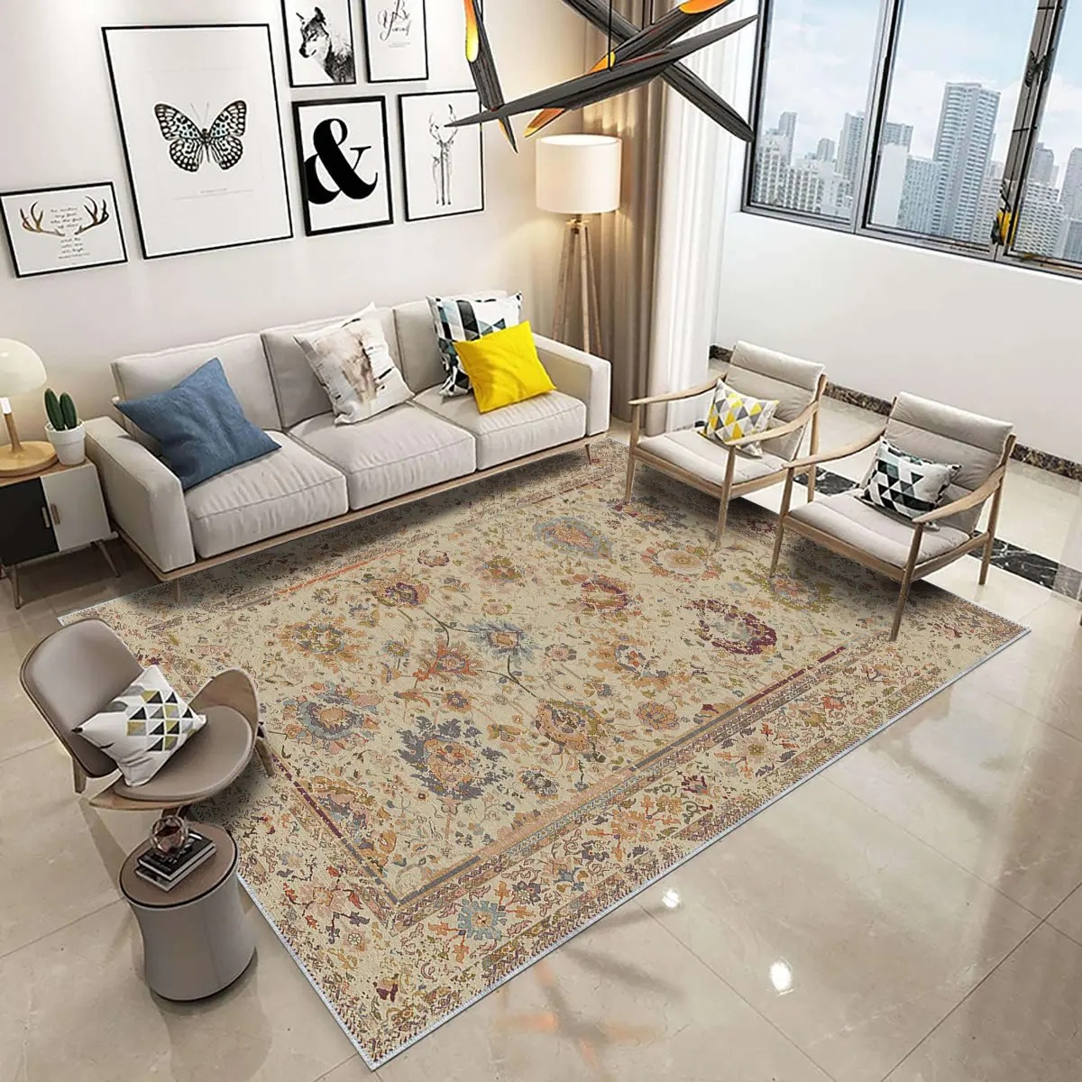 Guinar Çerçeveli Bej Polyester ve Pamuklu Yıkanabilir Kaydırmaz Taban Dijital Baskı Halı - Görsel 2