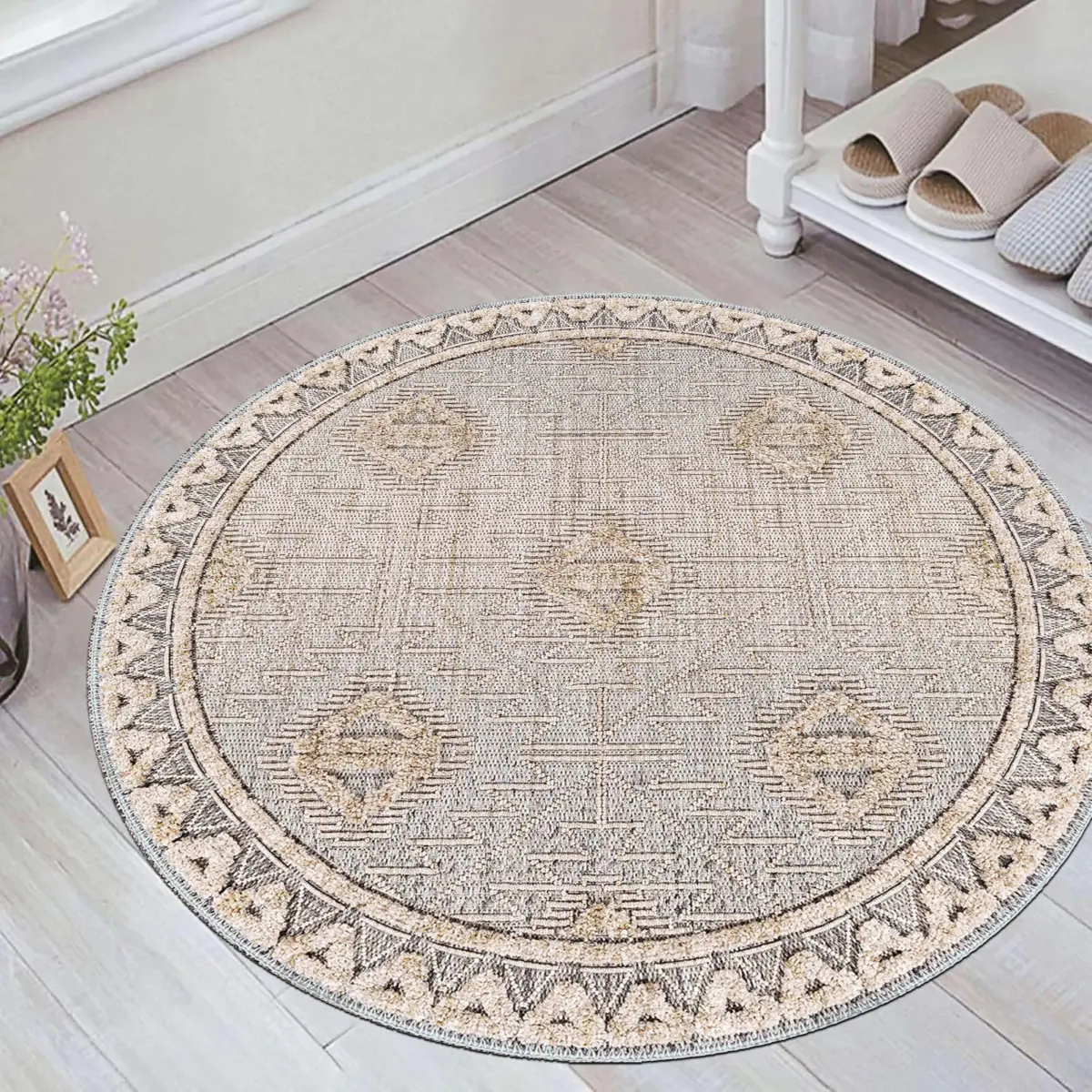 Brera Çerçeveli Bej Polyester ve Pamuklu Yıkanabilir Kaydırmaz Taban Dijital Baskı Halı - Görsel 8