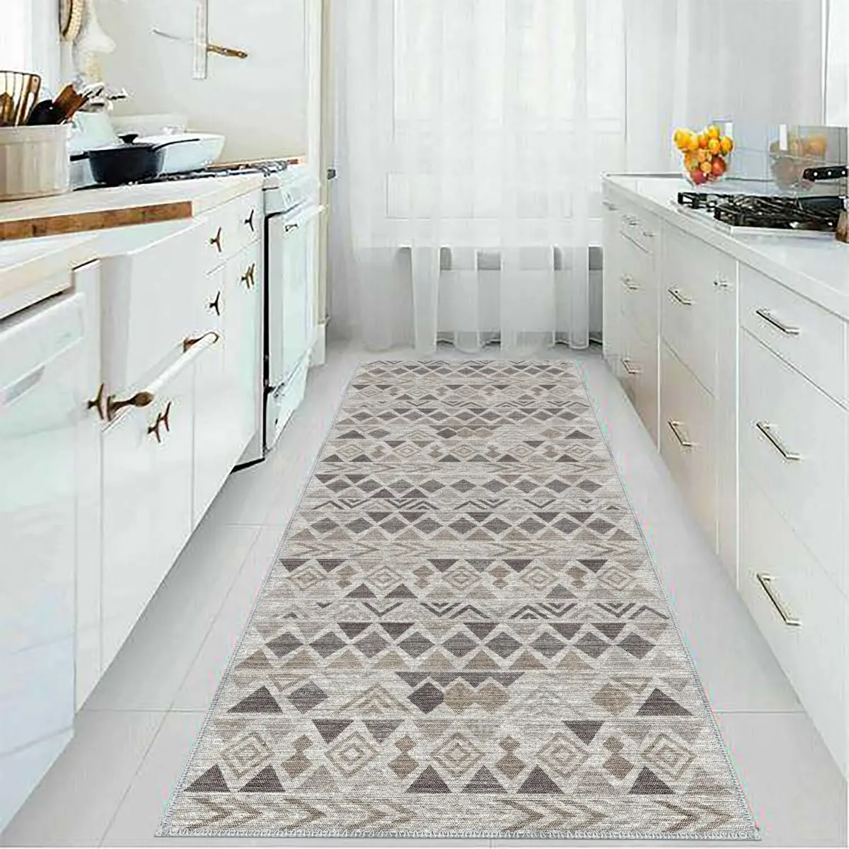 Primo Geometrik Gri Polyester ve Pamuklu Yıkanabilir Kaydırmaz Taban Dijital Baskı Halı - Görsel 4