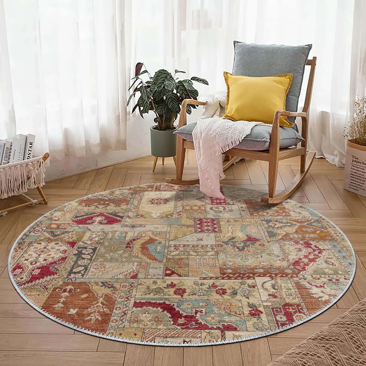 Salamanca Patchwork Bej Polyester ve Pamuklu Yıkanabilir Kaydırmaz Taban Dijital Baskı Halı - Görsel 8