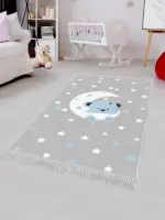 Wald Figürlü Gri Pamuk ve Polyester Kaydırmaz Tabanlı Dijital Baskı Çocuk Halısı - Görsel 3