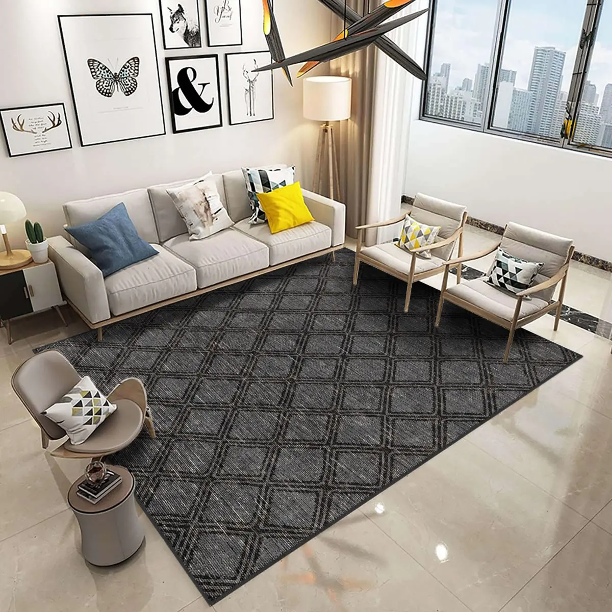 Alcaraz Geometrik Antrasit Polyester ve Pamuklu Yıkanabilir Kaydırmaz Taban Dijital Baskı Halı - Görsel 2