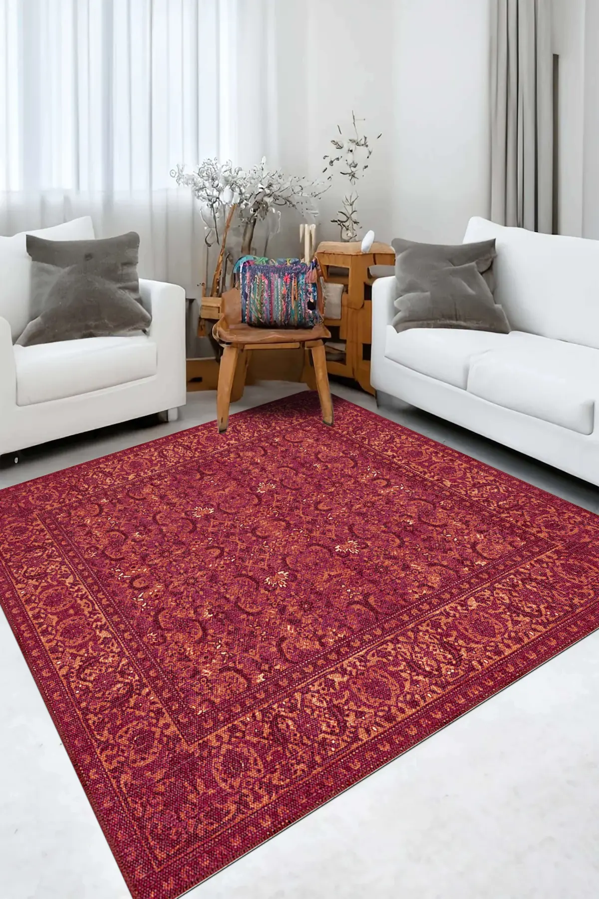 Gerva Çerçeveli Kırmızı Polyester ve Pamuklu Yıkanabilir Kaydırmaz Taban Dijital Baskı Halı - Görsel 5