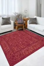 Gerva Çerçeveli Kırmızı Polyester ve Pamuklu Yıkanabilir Kaydırmaz Taban Dijital Baskı Halı - Görsel 5