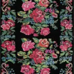 Chambe Çiçekli Siyah Polyester ve Pamuklu Yıkanabilir Kaydırmaz Taban Dijital Baskı Halı