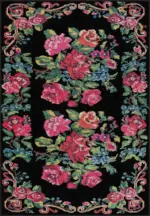 Chambe Çiçekli Siyah Polyester ve Pamuklu Yıkanabilir Kaydırmaz Taban Dijital Baskı Halı