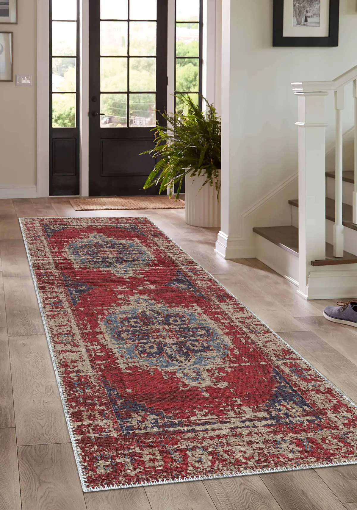 Vella Göbekli Kırmızı Polyester ve Pamuklu Yıkanabilir Kaydırmaz Taban Dijital Baskı Halı - Görsel 4