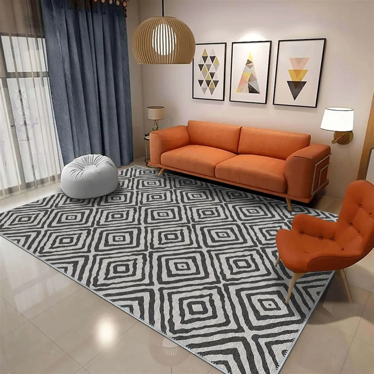 Letras Goemetrik Beyaz Polyester ve Pamuklu Yıkanabilir Kaydırmaz Taban Dijital Baskı Halı - Görsel 2