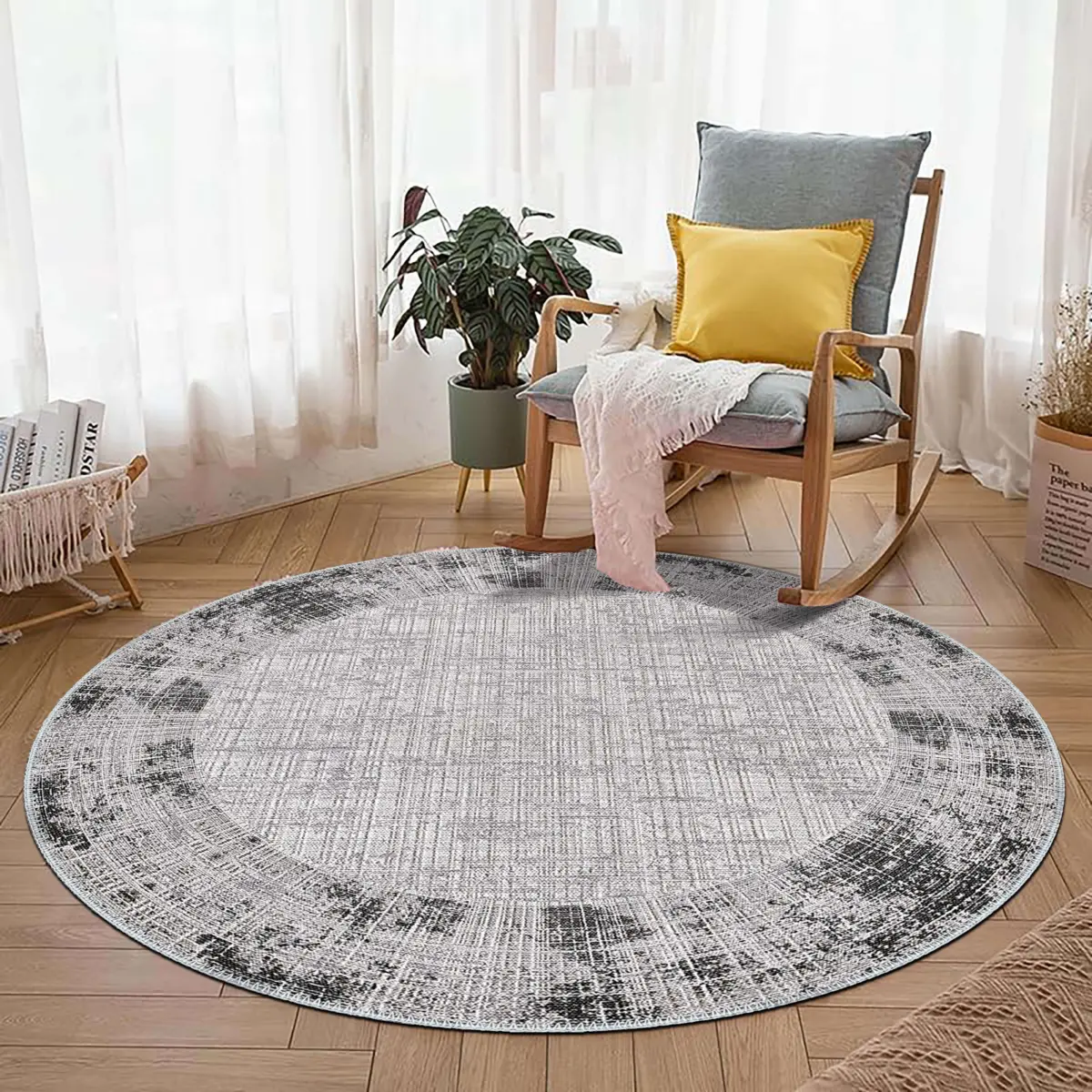 Badal Çerçeveli Gri Polyester ve Pamuklu Yıkanabilir Kaydırmaz Taban Dijital Baskı Halı - Görsel 8