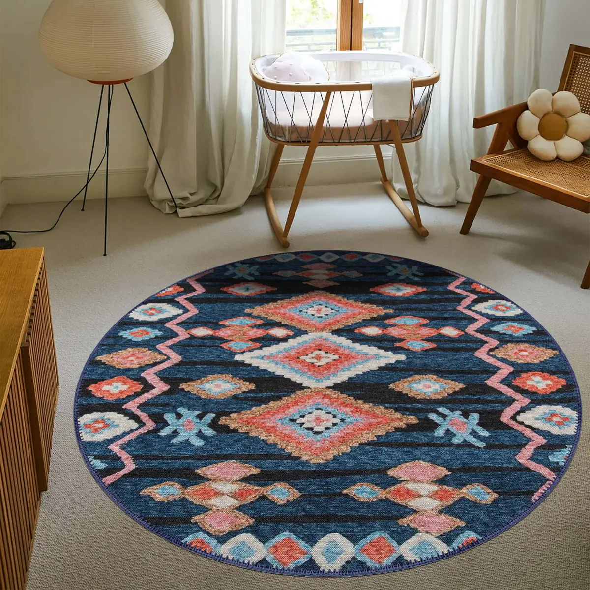 Borgo Geometrik Lacivert Polyester ve Pamuklu Yıkanabilir Kaydırmaz Taban Dijital Baskı Halı - Görsel 8