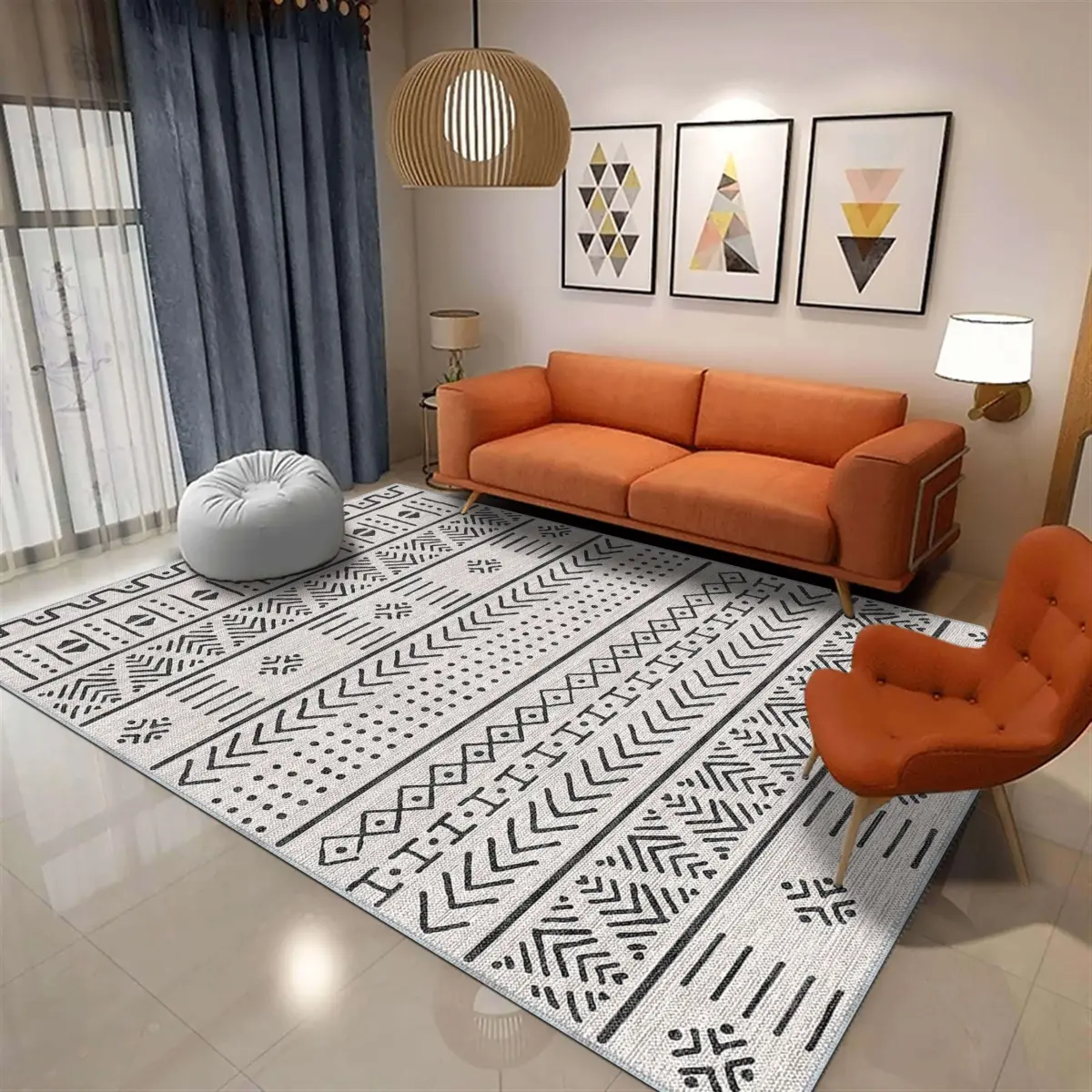 Guina Geometrik Beyaz Polyester ve Pamuklu Yıkanabilir Kaydırmaz Taban Dijital Baskı Halı - Görsel 2