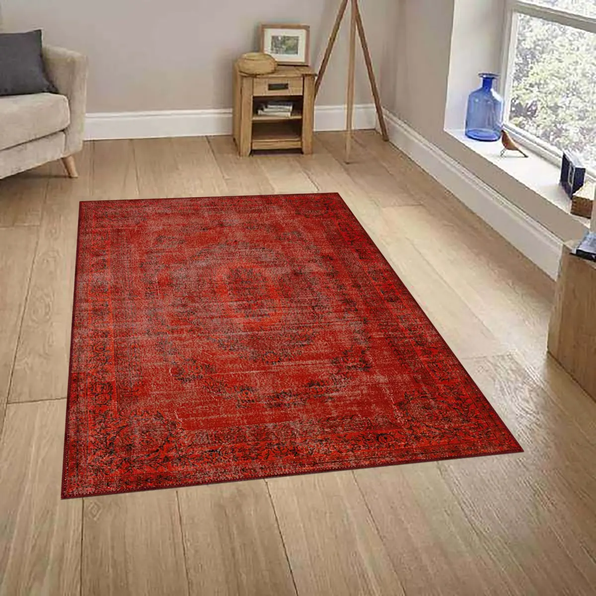 Sants Göbekli Kırmızı Polyester ve Pamuklu Yıkanabilir Kaydırmaz Taban Dijital Baskı Halı - Görsel 2