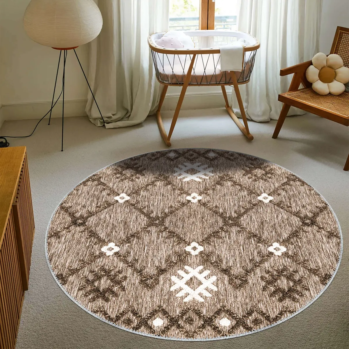 Rione Geometrik Kahve Polyester ve Pamuklu Yıkanabilir Kaydırmaz Taban Dijital Baskı Halı - Görsel 8