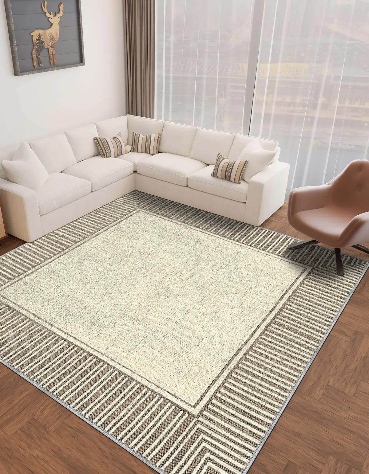 Arenal Çerçeveli Bej Polyester ve Pamuklu Yıkanabilir Kaydırmaz Taban Dijital Baskı Halı - Görsel 6