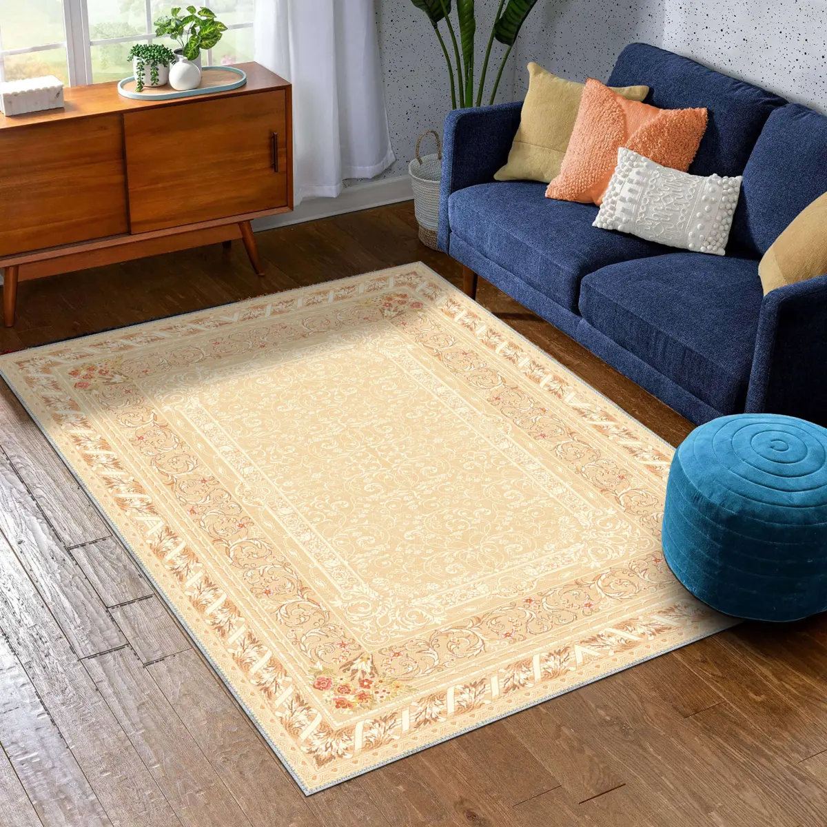 Ribera Çerçeveli Krem Polyester ve Pamuklu Yıkanabilir Kaydırmaz Taban Dijital Baskı Halı - Görsel 2