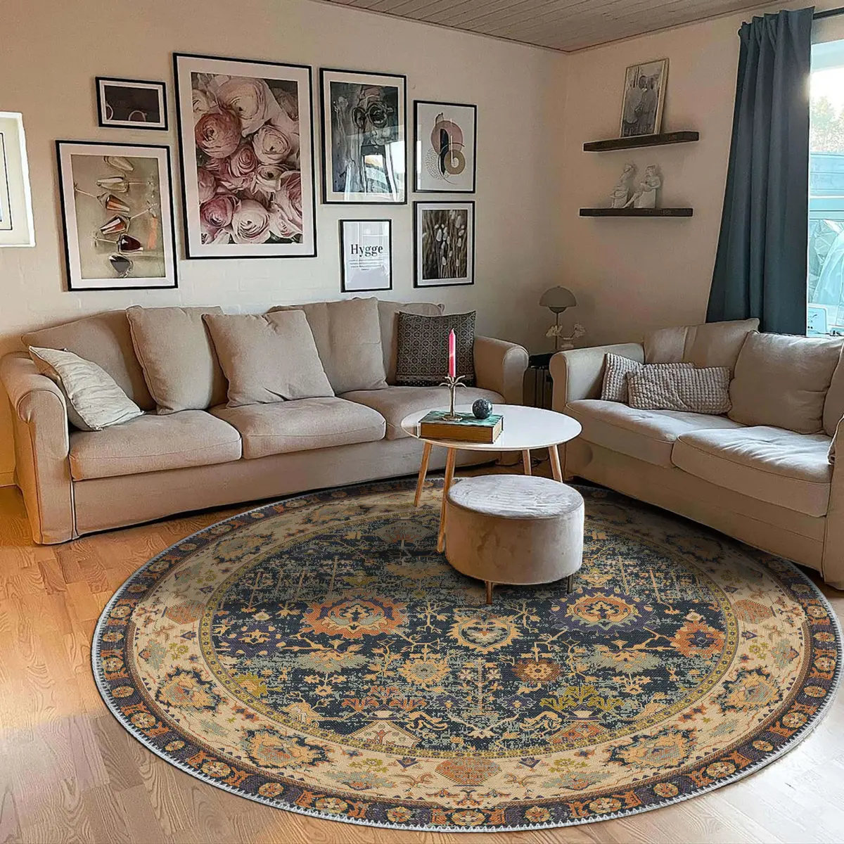 Marti Çerçeveli Bej Polyester ve Pamuklu Yıkanabilir Kaydırmaz Taban Dijital Baskı Halı - Görsel 8