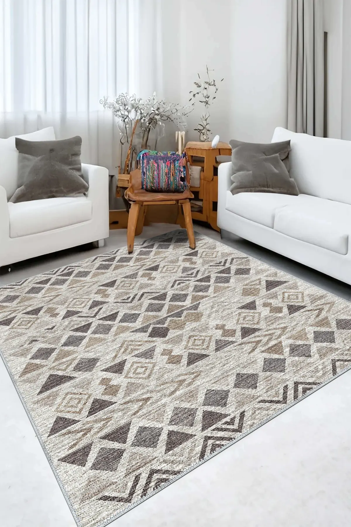 Primo Geometrik Gri Polyester ve Pamuklu Yıkanabilir Kaydırmaz Taban Dijital Baskı Halı - Görsel 6