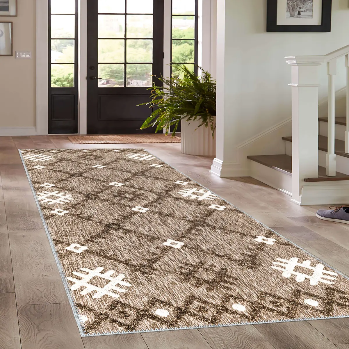 Rione Geometrik Kahve Polyester ve Pamuklu Yıkanabilir Kaydırmaz Taban Dijital Baskı Halı - Görsel 4