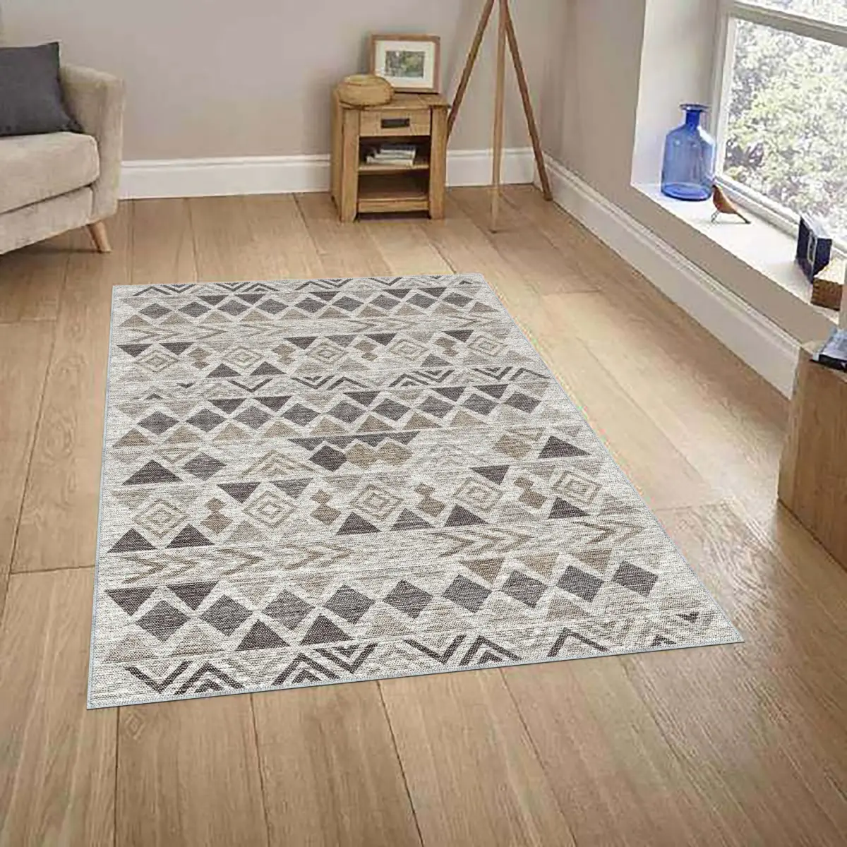 Primo Geometrik Gri Polyester ve Pamuklu Yıkanabilir Kaydırmaz Taban Dijital Baskı Halı - Görsel 2