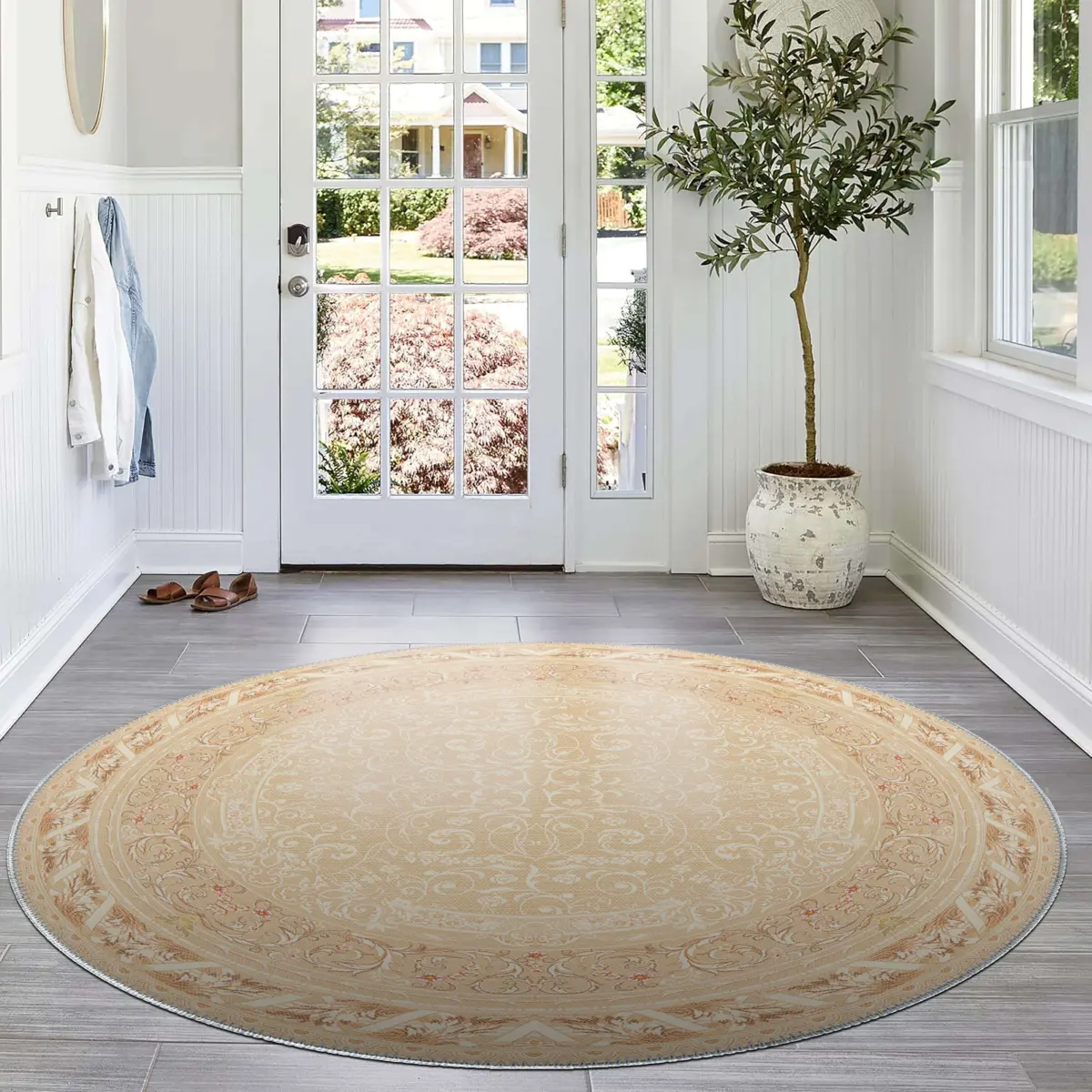 Ribera Çerçeveli Krem Polyester ve Pamuklu Yıkanabilir Kaydırmaz Taban Dijital Baskı Halı - Görsel 8