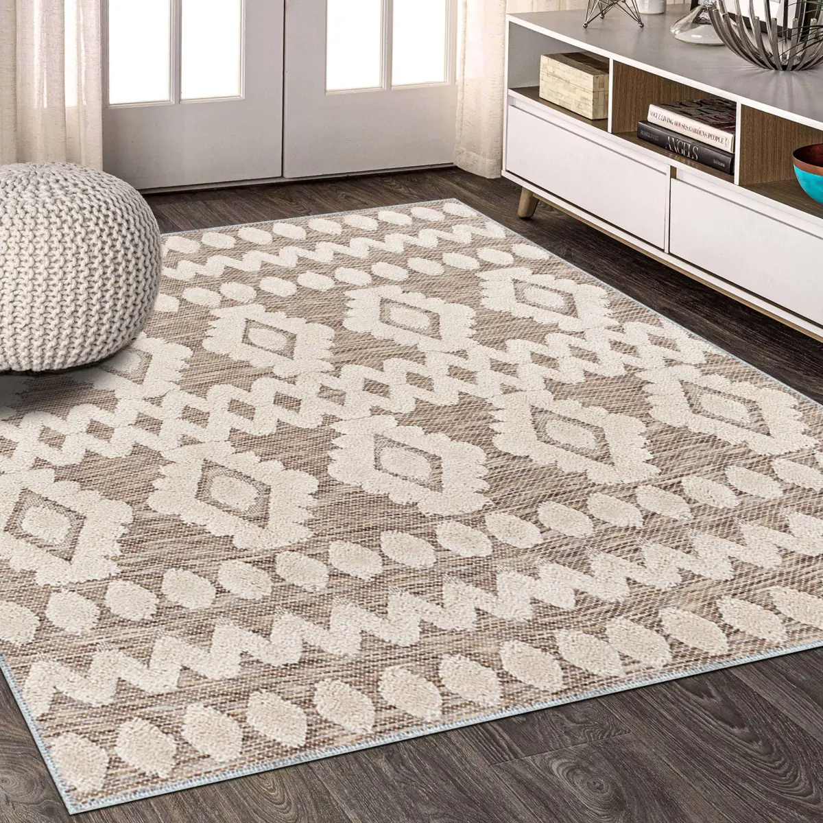 Lincoln Geometrik Bej Polyesterve Pamuklu Yıkanabilir Kaydırmaz Taban Dijital Baskı Halı - Görsel 6