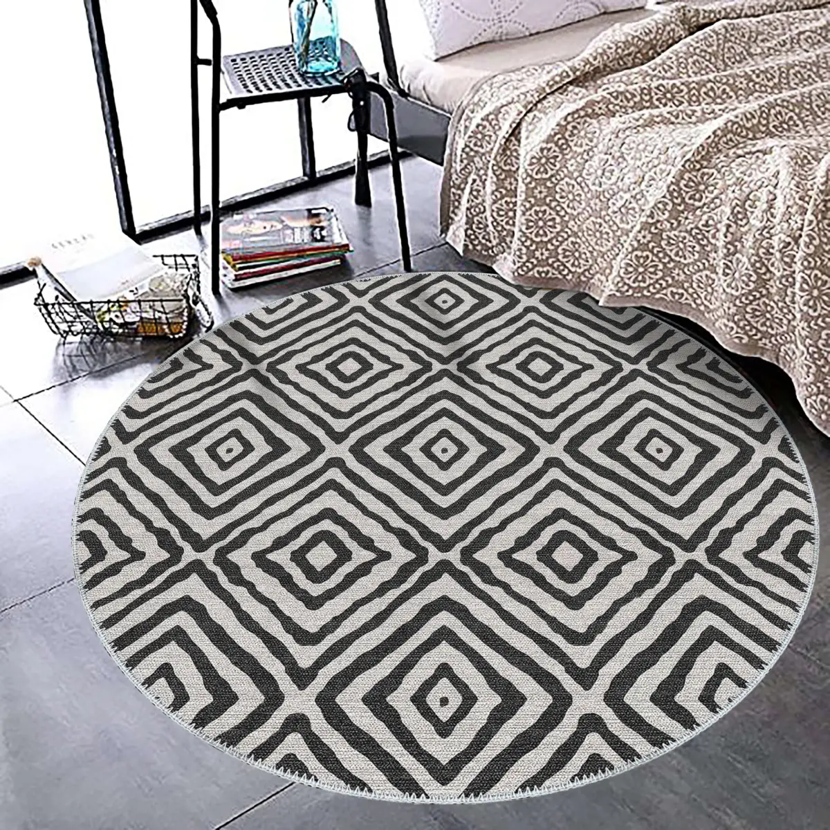 Letras Goemetrik Beyaz Polyester ve Pamuklu Yıkanabilir Kaydırmaz Taban Dijital Baskı Halı - Görsel 8