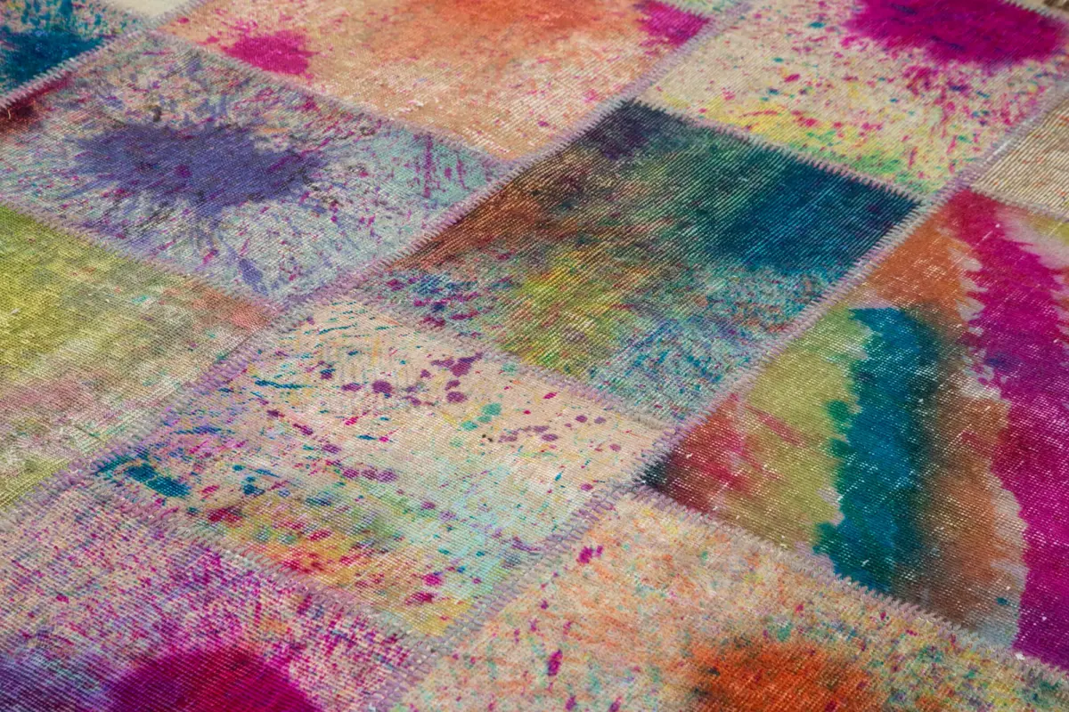 Patchwork Multi Pamuk Üzerine Yün El Dokuma Kilim-305x406 - Görsel 5