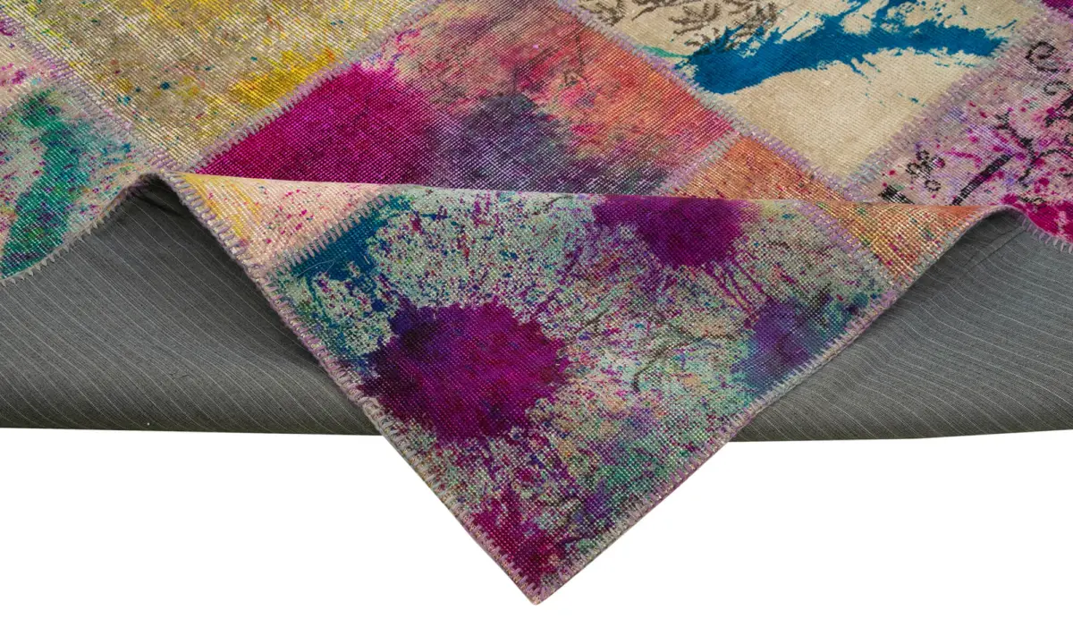 Patchwork Multi Pamuk Üzerine Yün El Dokuma Kilim-305x406 - Görsel 6
