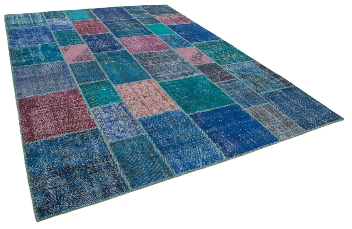 Patchwork Mavi Pamuk Üzerine Yün El Dokuma Kilim-260x353 - Görsel 2