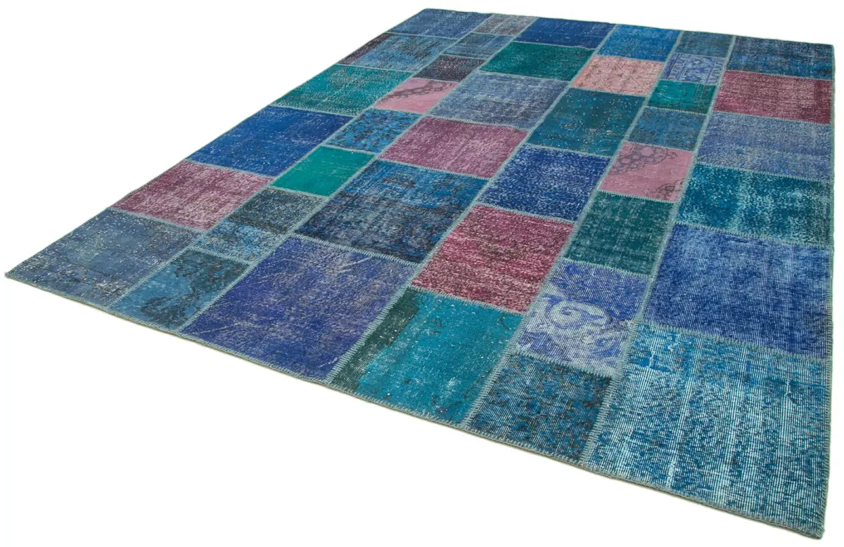 Patchwork Mavi Pamuk Üzerine Yün El Dokuma Kilim-260x353 - Görsel 3