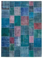 Patchwork Mavi Pamuk Üzerine Yün El Dokuma Kilim-260x356