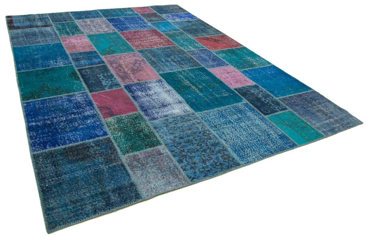 Patchwork Mavi Pamuk Üzerine Yün El Dokuma Kilim-260x356 - Görsel 2