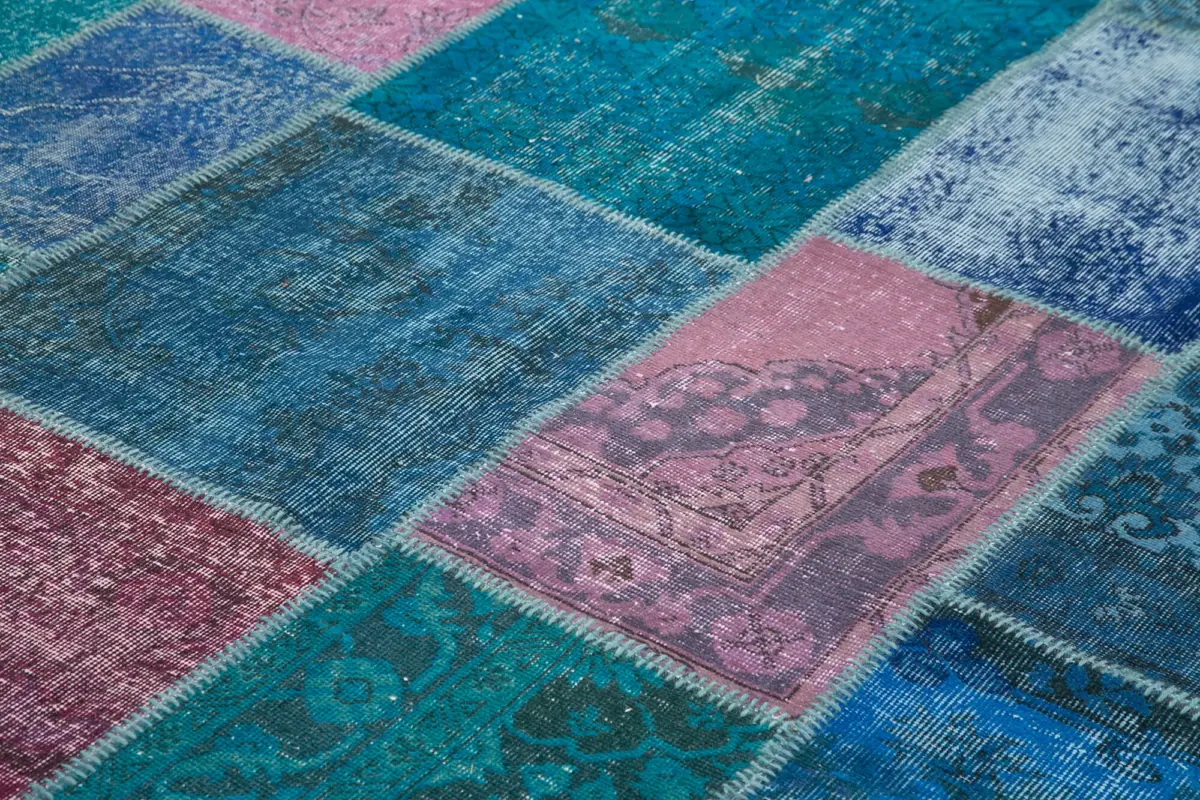 Patchwork Mavi Pamuk Üzerine Yün El Dokuma Kilim-260x356 - Görsel 5