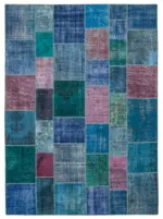 Patchwork Mavi Pamuk Üzerine Yün El Dokuma Kilim-258x356