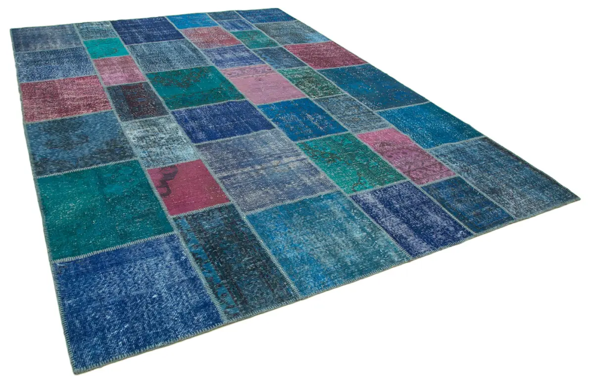 Patchwork Mavi Pamuk Üzerine Yün El Dokuma Kilim-258x356 - Görsel 2