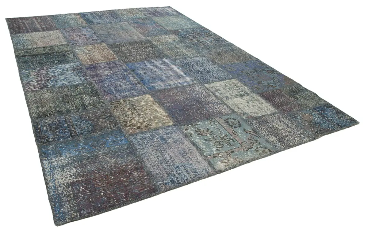 Patchwork Mavi Pamuk Üzerine Yün El Dokuma Kilim-252x355 - Görsel 2