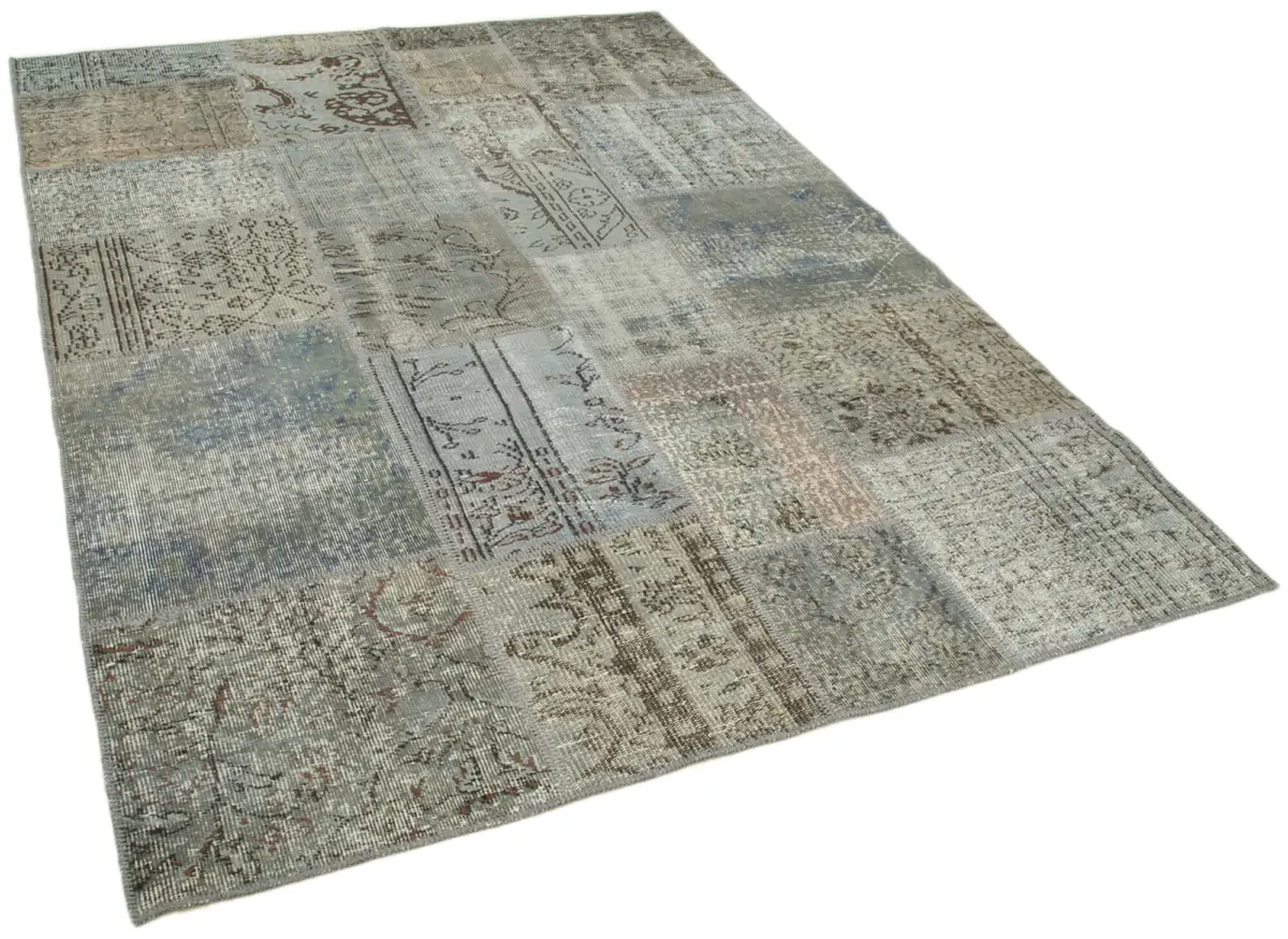 Patchwork Gri Pamuk Üzerine Yün El Dokuma Kilim-170x240 - Görsel 2