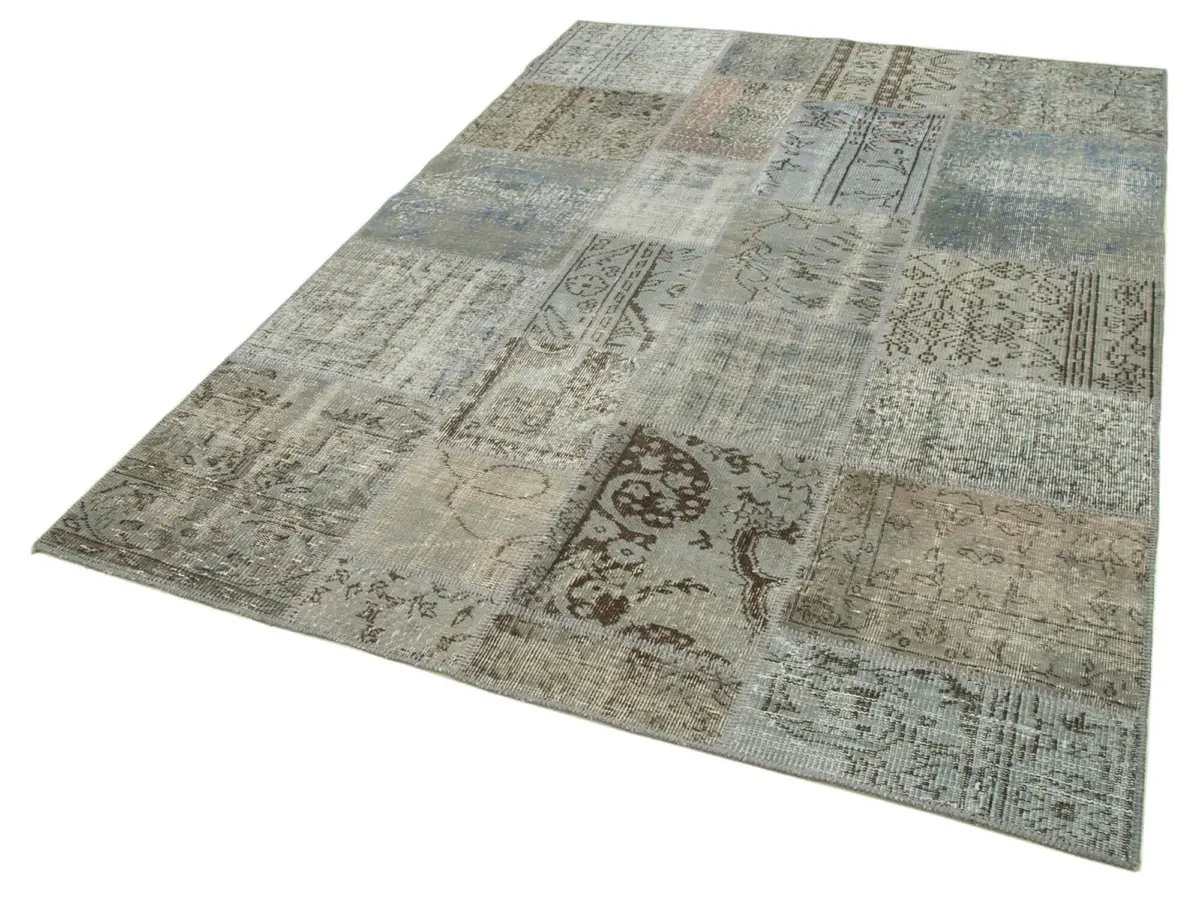 Patchwork Gri Pamuk Üzerine Yün El Dokuma Kilim-170x240 - Görsel 3