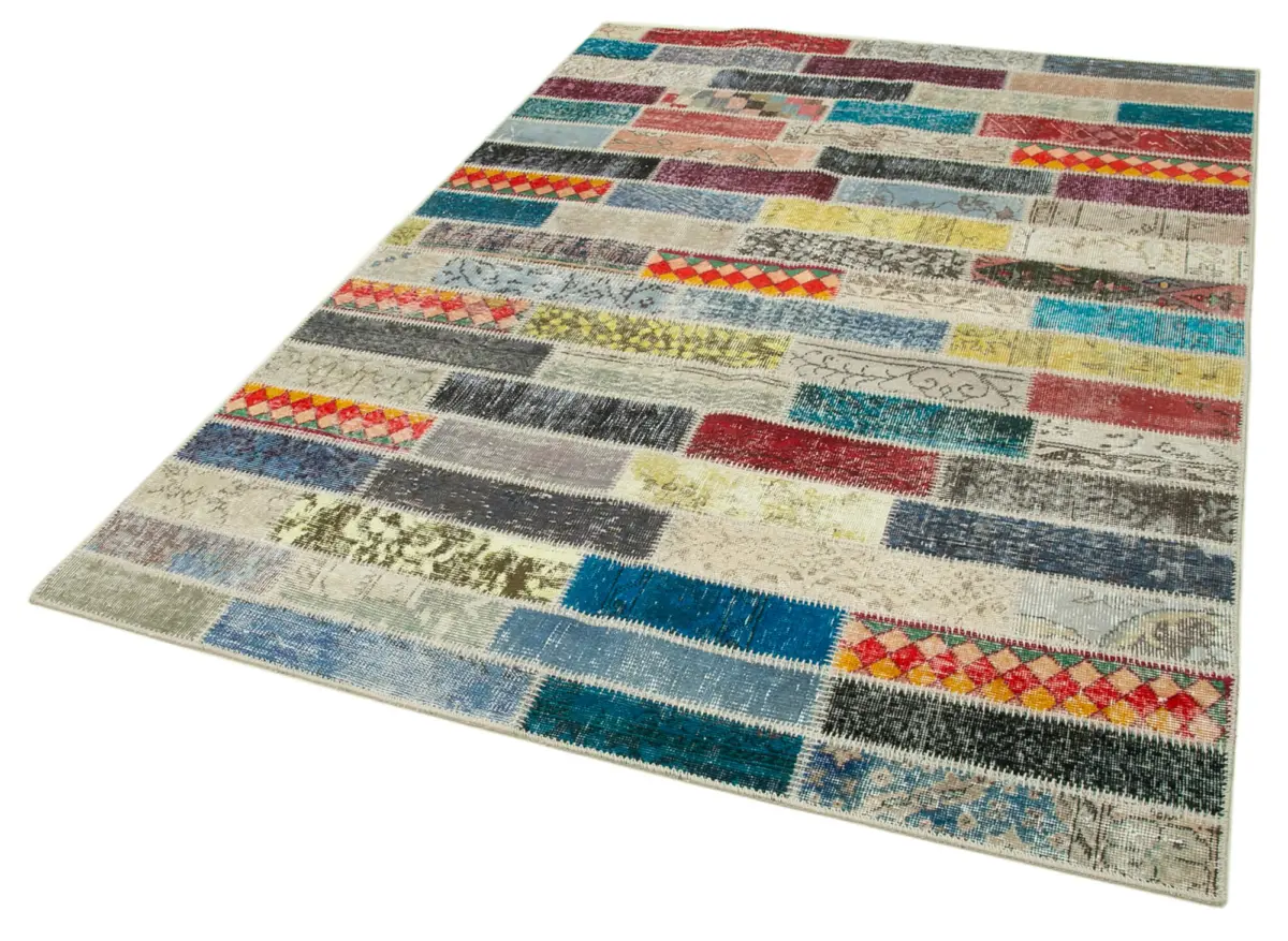Patchwork Multi Pamuk Üzerine Yün El Dokuma Kilim-166x233 - Görsel 3