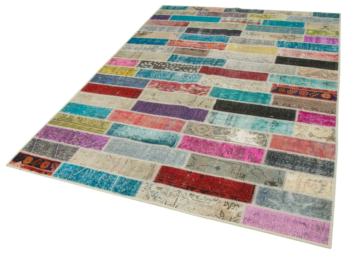 Patchwork Multi Pamuk Üzerine Yün El Dokuma Kilim-170x237 - Görsel 3