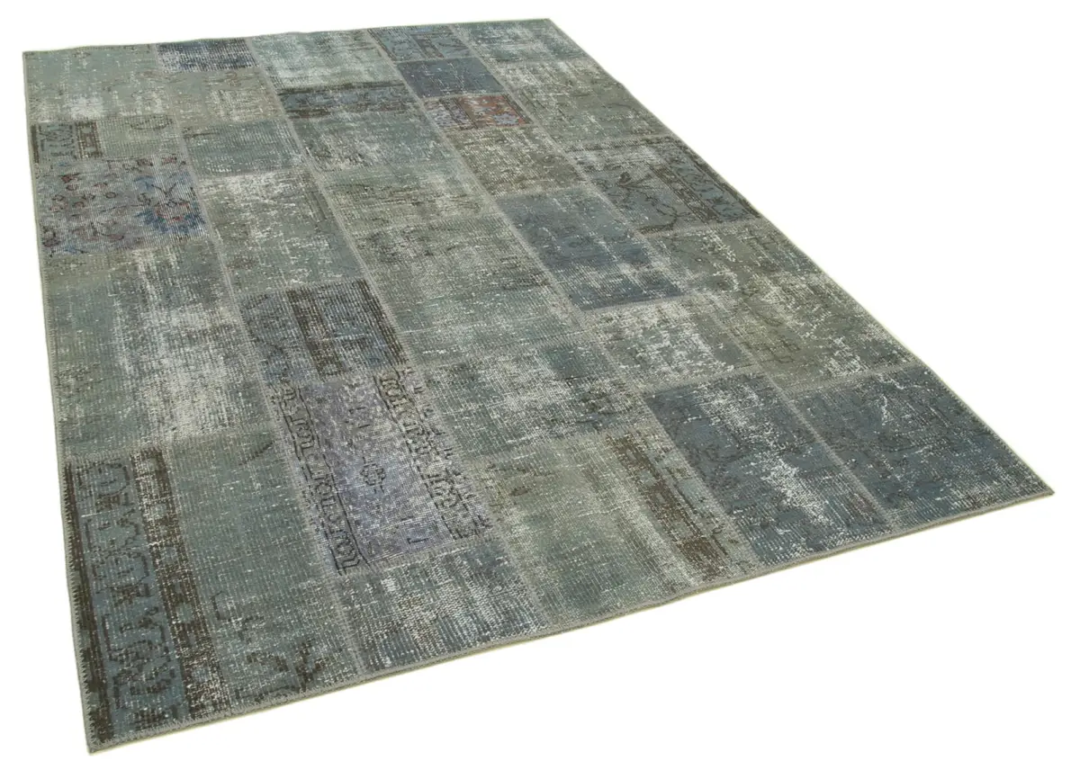 Patchwork Gri Pamuk Üzerine Yün El Dokuma Kilim-174x240 - Görsel 2