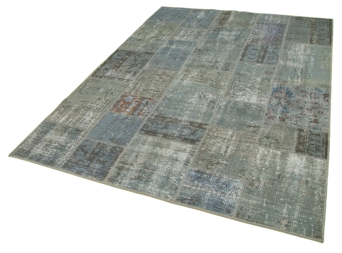 Patchwork Gri Pamuk Üzerine Yün El Dokuma Kilim-174x240 - Görsel 3