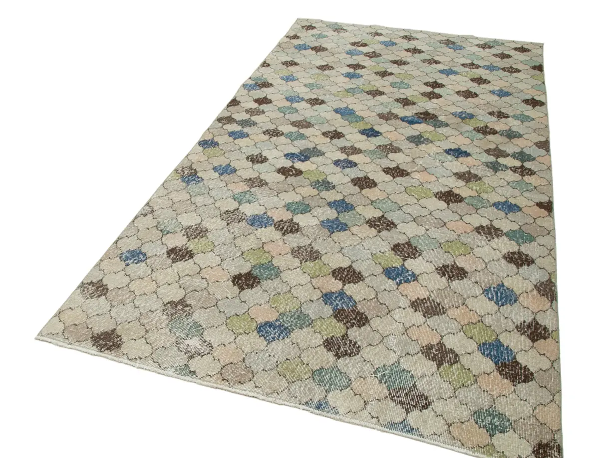 Damalı Modern Dizayn Geometrik Bej Pamuk Üstü Yün El Dokuma Halı-145x285 - Görsel 3