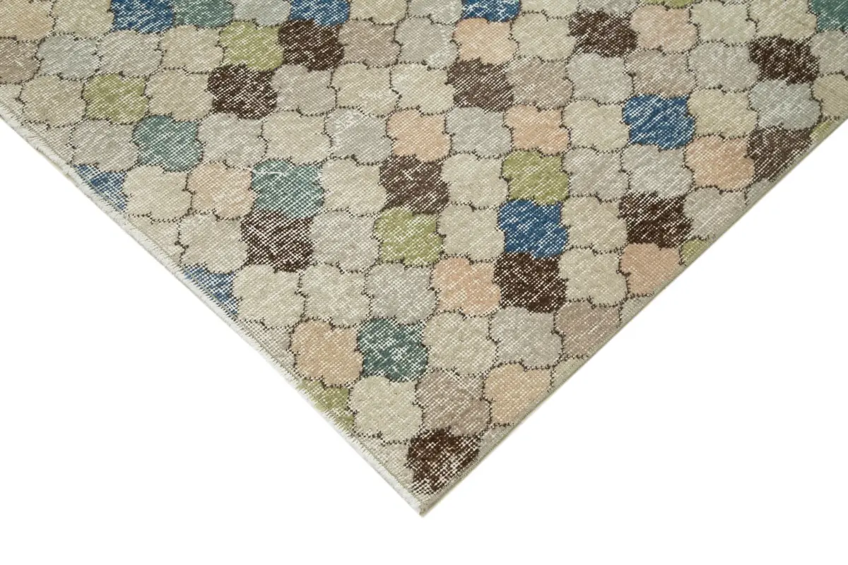 Damalı Modern Dizayn Geometrik Bej Pamuk Üstü Yün El Dokuma Halı-145x285 - Görsel 4