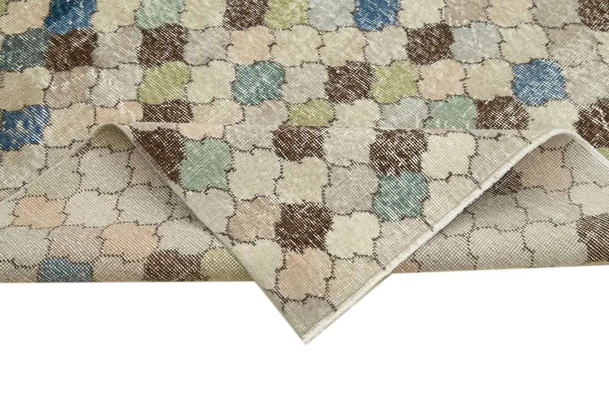 Damalı Modern Dizayn Geometrik Bej Pamuk Üstü Yün El Dokuma Halı-145x285 - Görsel 6