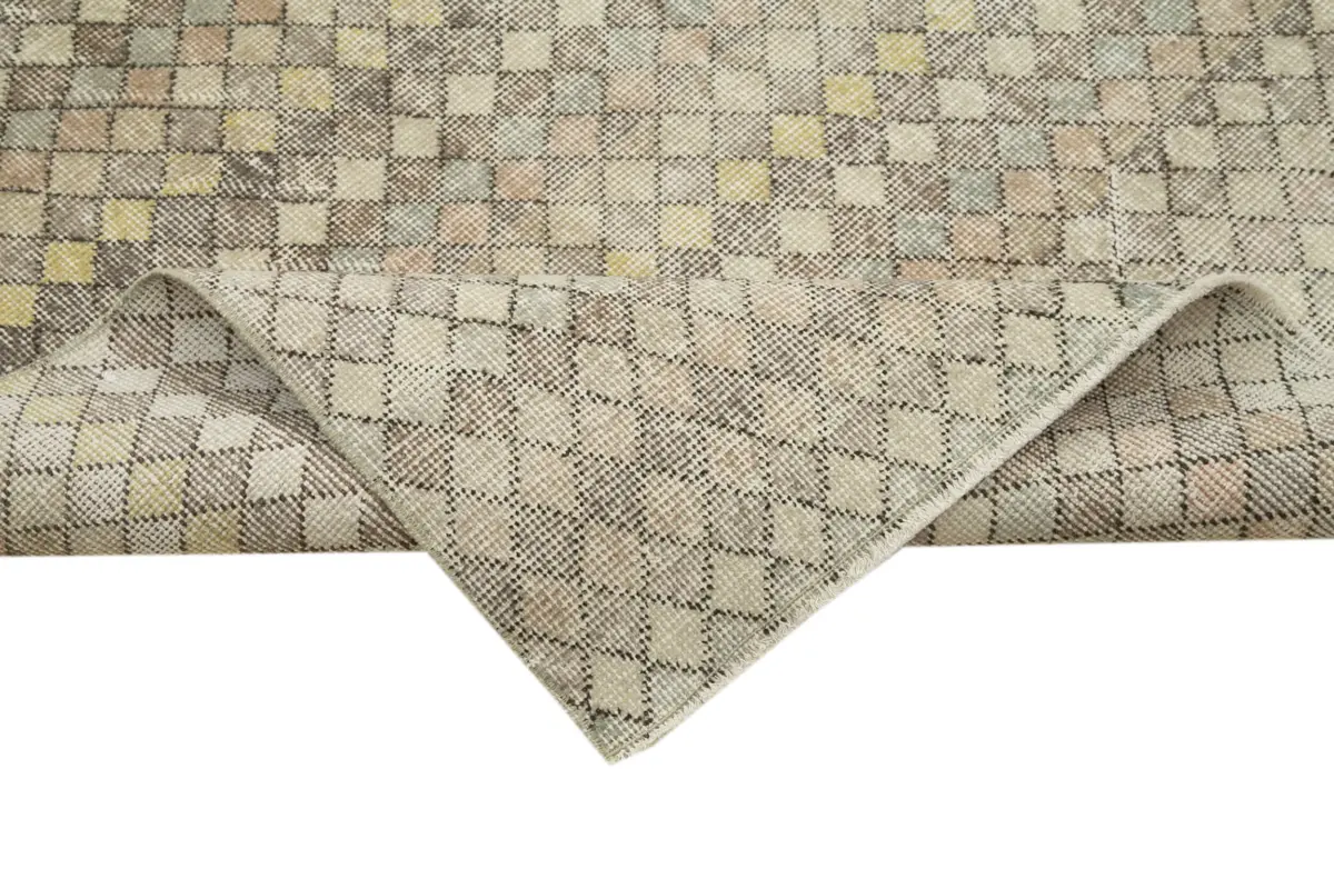 Damalı Modern Dizayn Geometrik Bej Pamuk Üstü Yün El Dokuma Halı-142x270 - Görsel 6