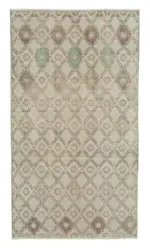 Damalı Modern Dizayn Geometrik Bej Pamuk Üstü Yün El Dokuma Halı-167x303